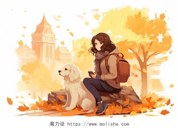 一棵大树下一名背着书包的女子和小狗卡通AI插画立秋